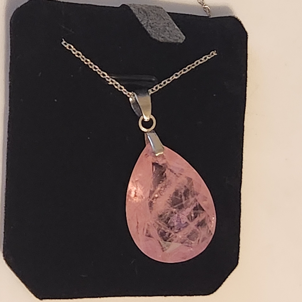 Natural Pink Kunzite Teardrop Pendant Necklace.